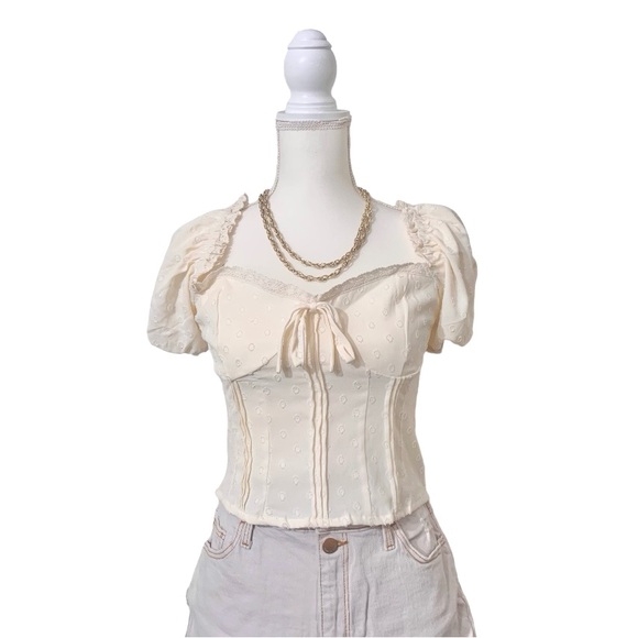 ❌SOLD❌ Forever 21 Cream Bustier Crop Top Puff Sleeve Ruched Blouse Polka Dot Med - Picture 1 of 13